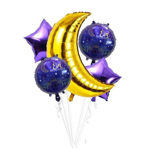 Eid Mubarak Foil Balloon Set (Purple, Blue & Gold)