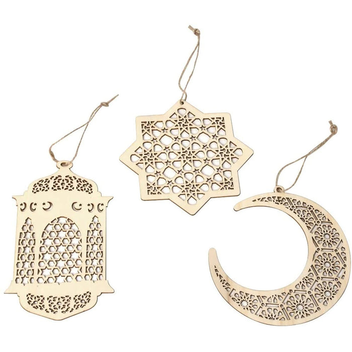 Wooden Geometric Hanging Eid Mubarak Decorations - Laser Cut Rustic Moon Star Lantern